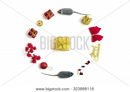 Mice, Red And Golden Gift Boxes, Mountain Ash, Decorations, Santa Claus Isolated On White Background