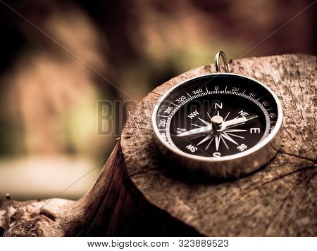 Compass On The Wooden Background In Journey.