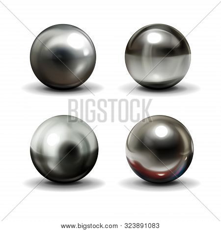 Set Of Steel Or Silver Balls With Shadows From Below Realistic Isolated On White Background. Shiny, 