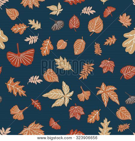 Autumn Leaves Pattern On Dark Blue Green Backgrpound. Vector Seamless Pattern For Textile, Wrapping 