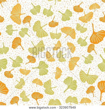 Endless Pattern Of Ginkgo Leaves And Hand Drawn Dots. Vector Seamless Pattern For Textile, Wrapping 