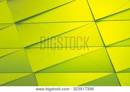Abstract Geometric Bright Green Textured Background. Wall With Lines And Triangle Shapes.