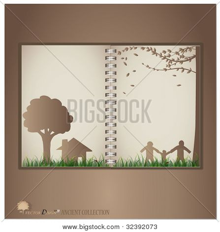 Jahrgang Notebook Designs (Baum, Haus und Familie). Vektor-Illustration.