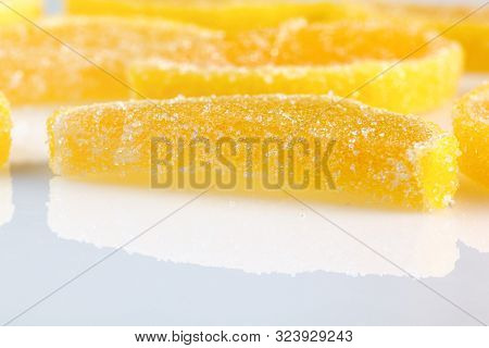 Jelly Candies. Marmalade On White Background. Dessert Marmalade In The Form Of Lemon And Orange Slic