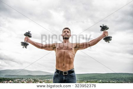 Morning Workout. Fitness And Sport Equipment. Success. Perfect Biceps. Athletic Body. Dumbbell Gym. 