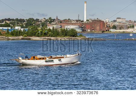 New Bedford, Massachusetts, Usa - September 24, 2019: Demasted Sailboat Juno, Hailing Port Vineyard 