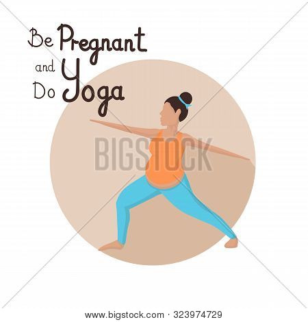 Pregnant Woman At Yoga Class Vector Illustration. Future Mother In Gym, Fitness Club. Dark Skin Fema