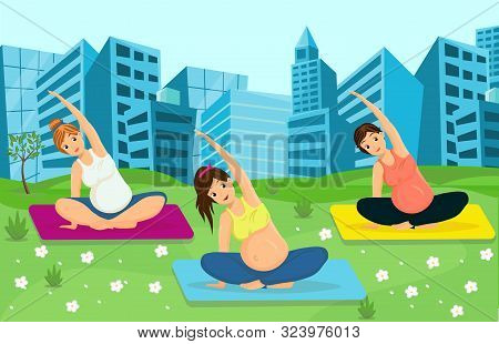 Pregnant Women Working Out Vector Illustration. Healthy Outdoor Sport Activities. Prenatal Yoga, Pil