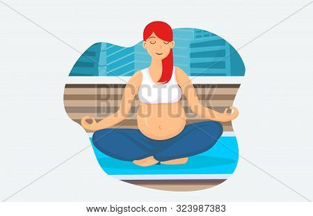 Pregnancy Meditation Cartoon Vector Illustration. Young Girl Flat Character Relaxing In Lotus Positi
