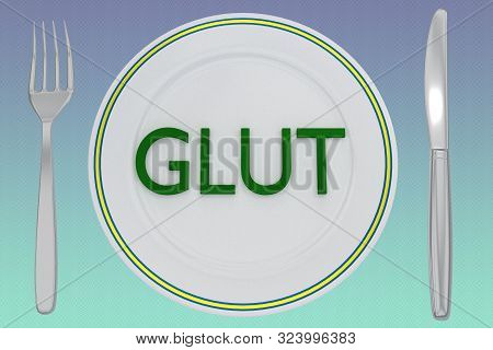 3d Illustration Of Glut Title On A White Plate, Along With Silver Knif And Fork, On A Colored Gradie