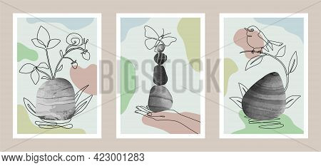Natural Abstract Botanical Art Set With Stones