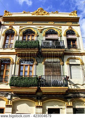 Colorful Facades Of Old Buildings In The Cabanyal Neighborhood In Valencia, Spain