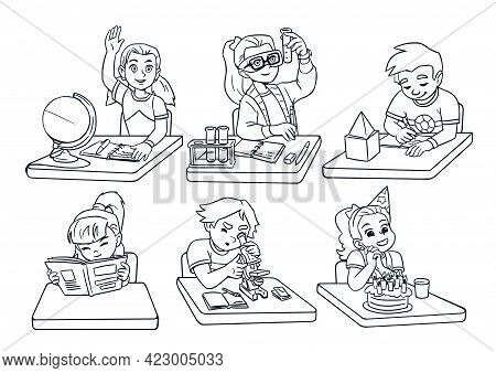Schoolchildren Children Sit At Tables Collection. Schooling Line. Chemical Experience, Reading A Boo