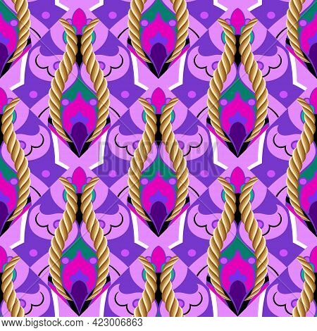 Floral Seamless Pattern. Colorful Ethnic Background. Vector Gold Strings And Ropes Arabesque Ornamen