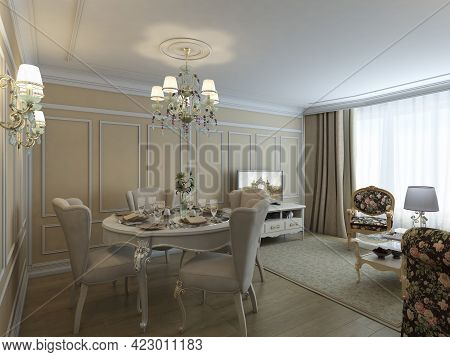 Luxurious Classic Style Living Room With Beige Walls, Classic Furniture, White Molding, Chandelier A