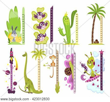 Collection Of Wall Meters With Different Images. Stickers For Measuring Height Kids. Funny Vector Ca
