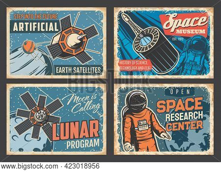 Space Research Center And Museum, Artificial Satellites Tin Signs, Lunar Program Vintage Vector Plat
