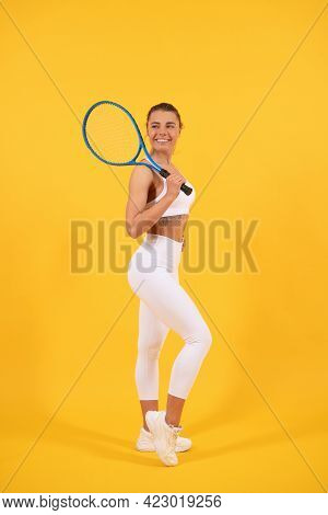 Sporty Woman Tennis Player With Fit Body In Sportswear Hold Badminton Racket, Sport.