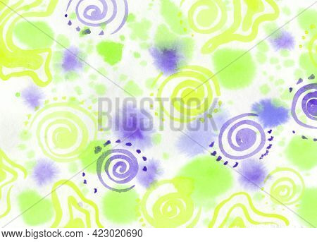 Watercolor Paint Multicolor Abstract On White Background. Blue, Green And Yellow Spot And Spiral Tex