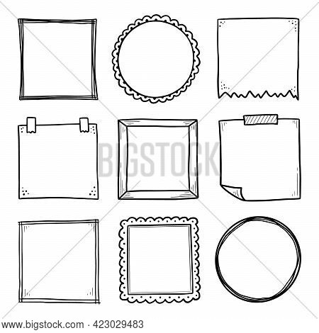 Hand Drawn Set Of Paper Sticker, Photo Frame, Picture Border. Doodle Sketch Style. Frame Of Scribble
