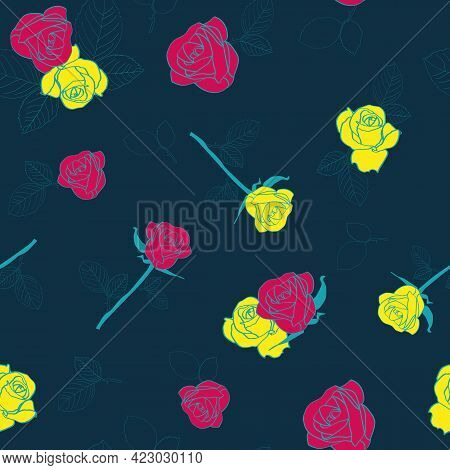 Vector Seamless Pattern With Pink Yellow Roses