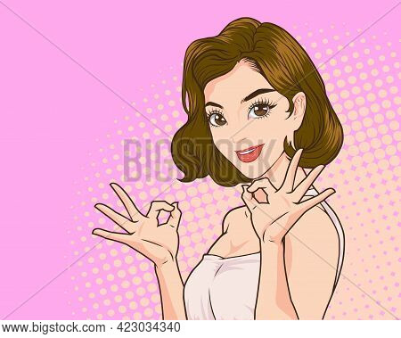 Woman Okay Gesture With Copy Space Showing Pop Art Retro Comic