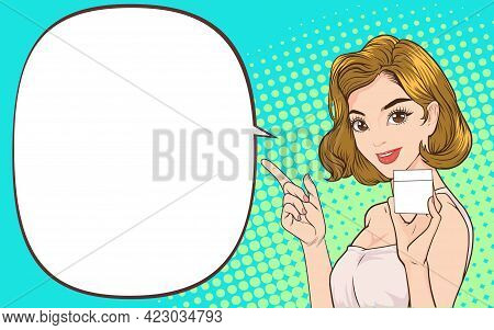 Woman Showing Produce And Pointing With Copy Space  Pop Art Retro Comic