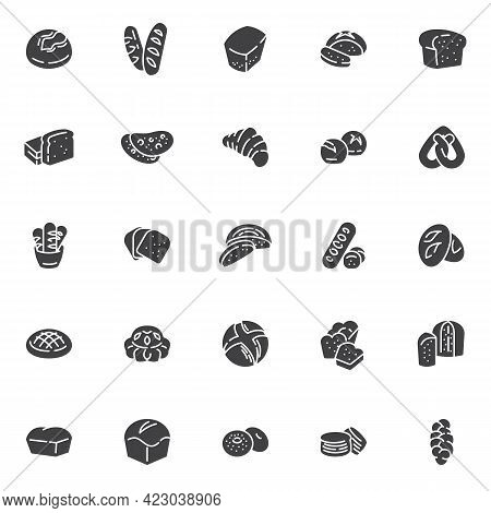 Types Of Bread Vector Icons Set, Modern Solid Symbol Collection, Filled Style Pictogram Pack. Signs,