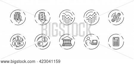 10 In 1 Vector Icons Set Related To Money Trade Theme. Black Lineart Vector Icons Isolated On Backgr