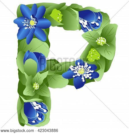 Vector Image Of The Letter P Of The English Alphabet Made In The Form Of Flowers And Leaves Of Liver