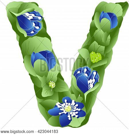 Vector Image Of The Letter V Of The English Alphabet Made In The Form Of Flowers And Leaves Of Liver