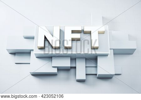 Nft Nonfungible Tokens Concept - Nft Word In Light Frame On Abstract Technology Background. 3d Rende