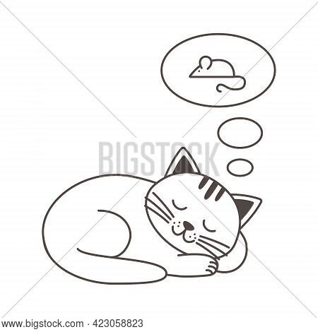 Cute Cat Sleeping And Dreaming About Mouse. Funny Cartoon Animal Character Design. Outline Vector Is