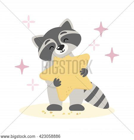 Cute Raccoon Holds Star Shape Cookie. Funny Cartoon Animal Character Design. Flat Vector Isolated Il