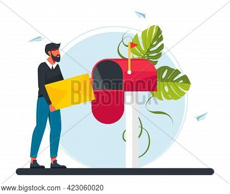 Man Carries A Letter In The Mailbox. Email Concept Illustration, Subscribe To Newsletters, Email Mar