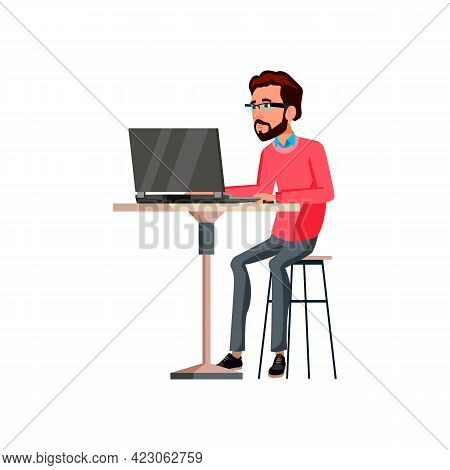 Intelligence Young Man Working On Notebook In Internet Cafe Cartoon Vector. Intelligence Young Man W