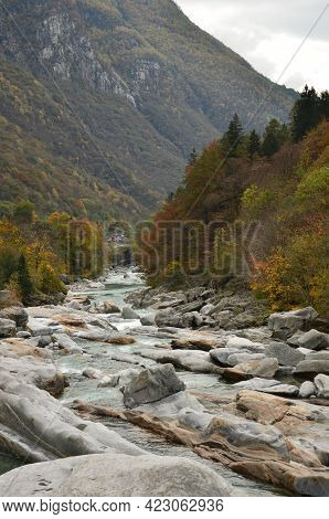 Village Town Near Maggia River At Swiss Alps Valley, Ticino Valle Maggia, Maggiatal Between Mountain