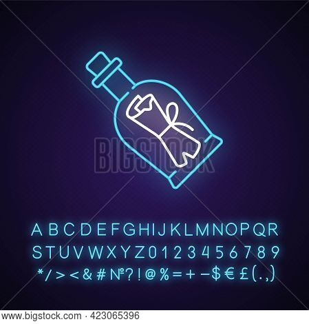 Message In Bottle Neon Light Icon. Scrolled Note Inside Glass With Cork. Clues For Riddles. Outer Gl