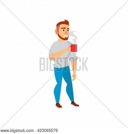 Bearded Man Drinking Hot Drink On Kitchen Cartoon Vector. Bearded Man Drinking Hot Drink On Kitchen 