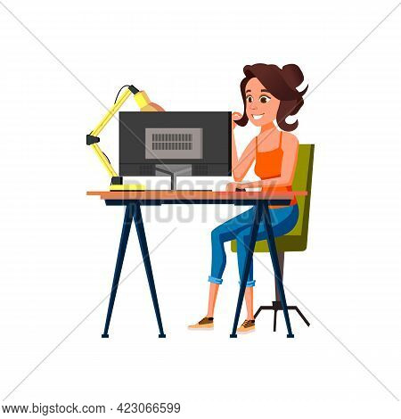Woman Creator Digital Image Processing On Computer Cartoon Vector. Woman Creator Digital Image Proce