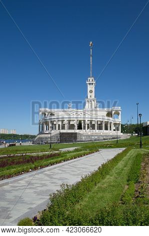 Moscow, Russia - June 3, 2021: The Building Of The Northern River Station After Restoration On A Sun