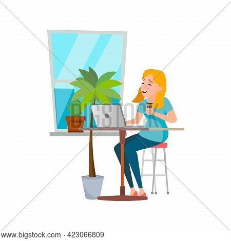 Smiling Young Woman Reading Funny E-book On Notebook Cartoon Vector. Smiling Young Woman Reading Fun
