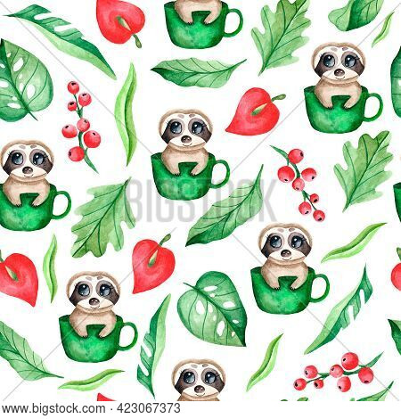 Watercolor Seamless Pattern With A Sloth Sitting In A Mug, Leaves, Berries On A White Background. Tr