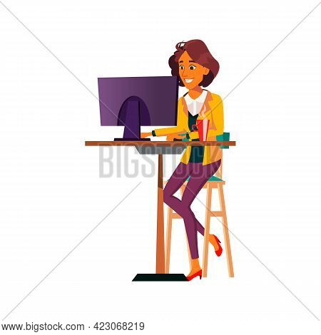 Smiling Woman Use Computer In Internet Cafe Cartoon Vector. Smiling Woman Use Computer In Internet C