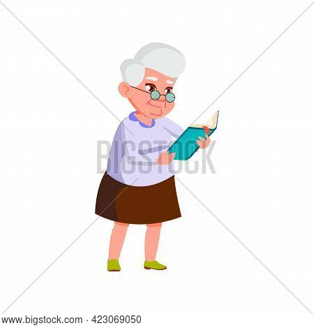 Mature Woman Reading Cooking Recipe Book In Kitchen Cartoon Vector. Mature Woman Reading Cooking Rec