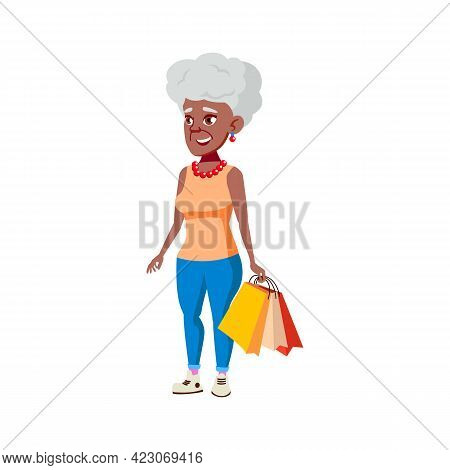 Happiness Mature Age Woman Shopping In Boutique Cartoon Vector. Happiness Mature Age Woman Shopping 