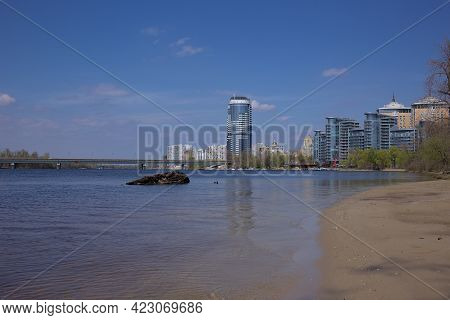 Kyiv, Ukraine, The Dnieper River. View Of The Livoberezhnyi Masyv, The Patriarchal Cathedral Of The 