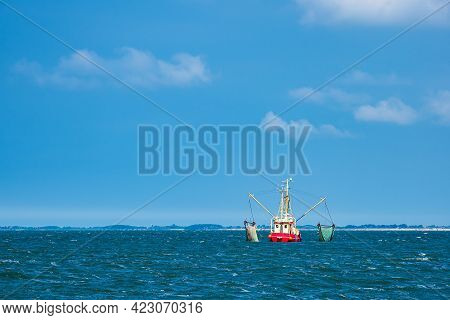 Shrimp Boat On The North Sea Near Island Pellworm, Germany.