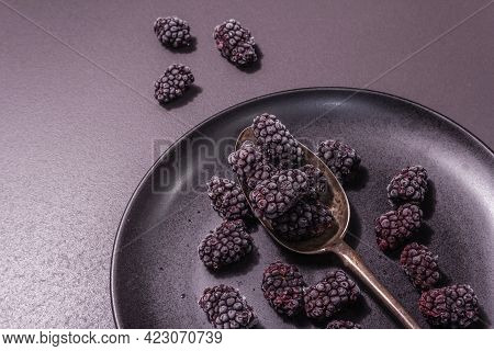 Blackberries On A Ceramic Plate, Frozen Fruits For A Healthy Food Diet