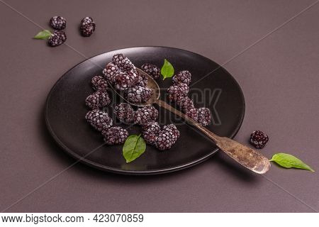 Blackberries On A Ceramic Plate, Frozen Fruits For A Healthy Food Diet